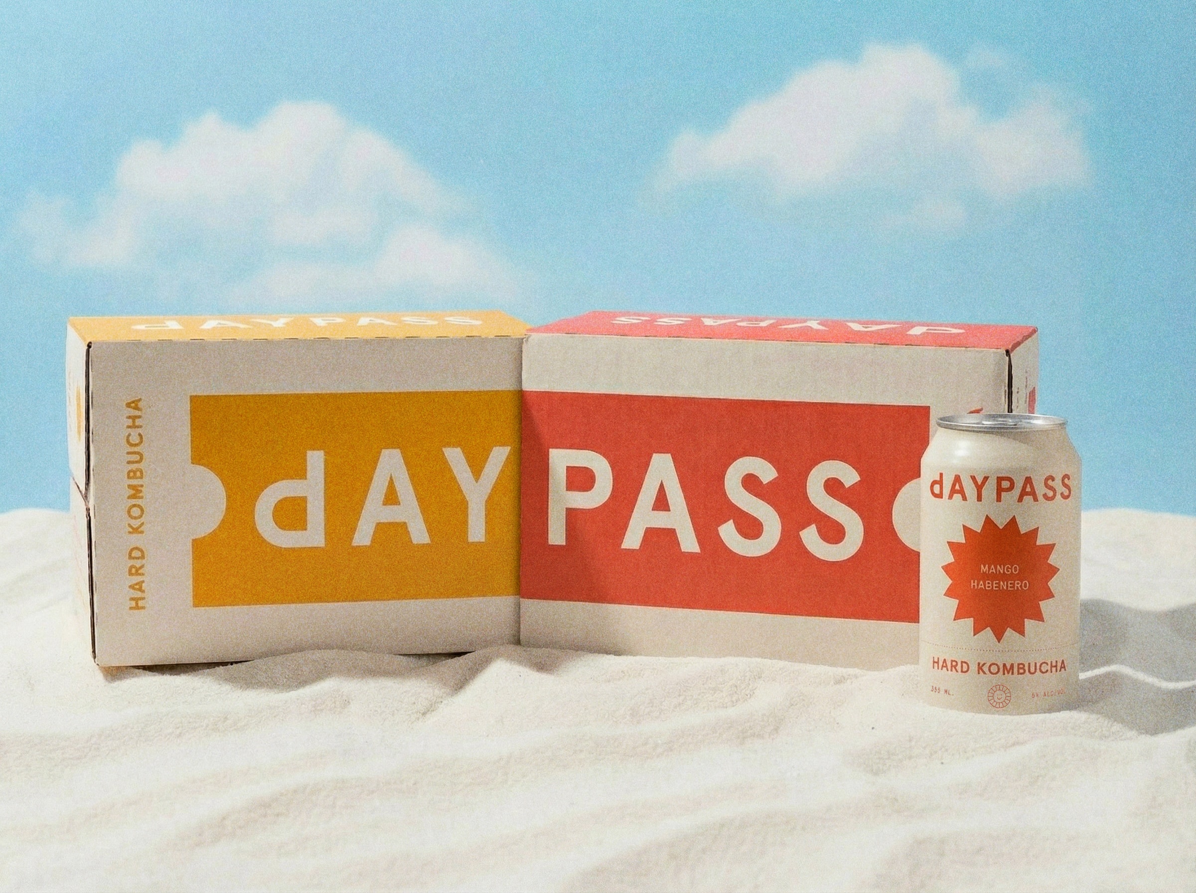Daypass variety box and a Mango Habanero can resting on sand