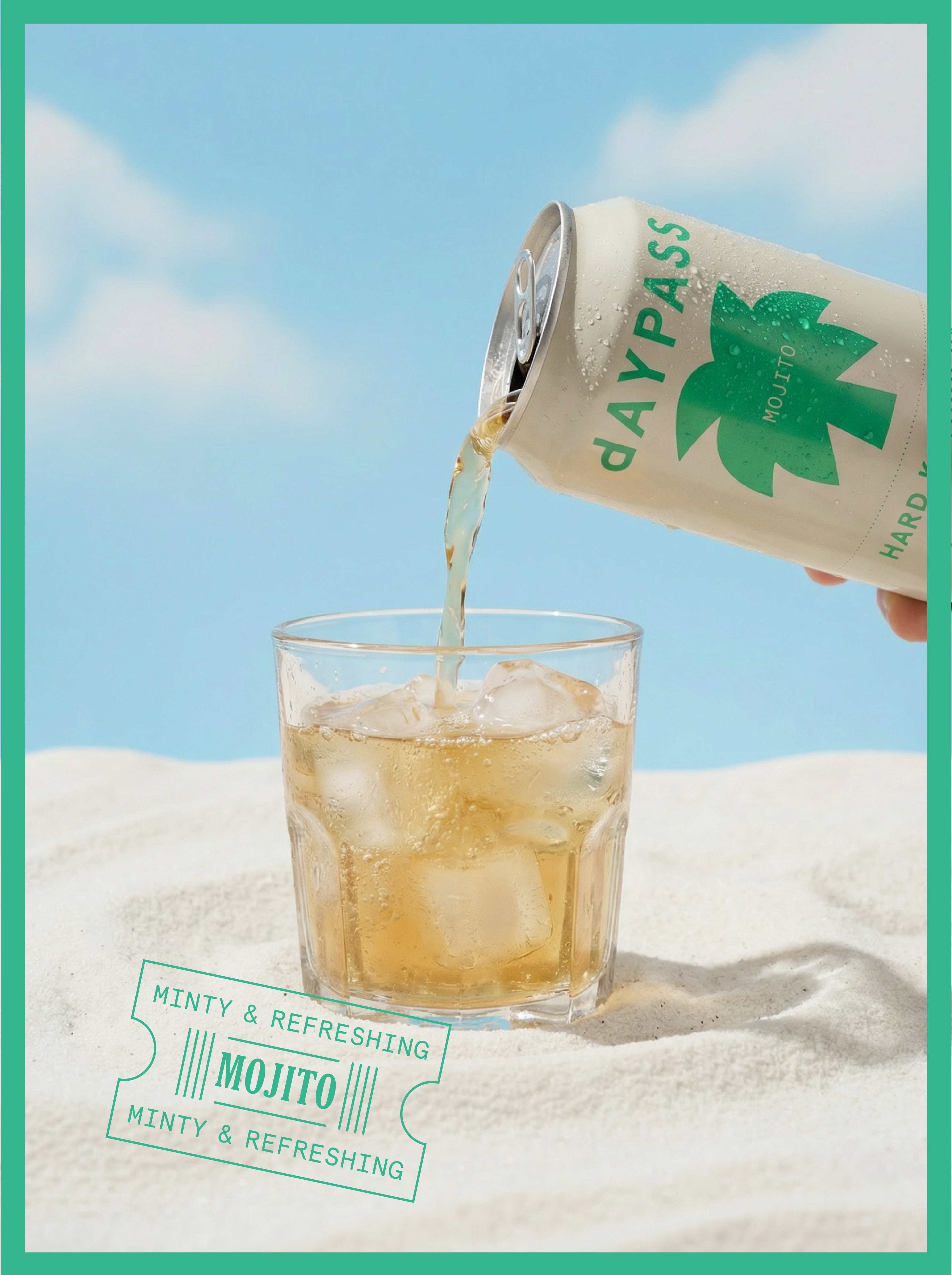 Daypass Mojito can being poured over ice in a glass at the beach