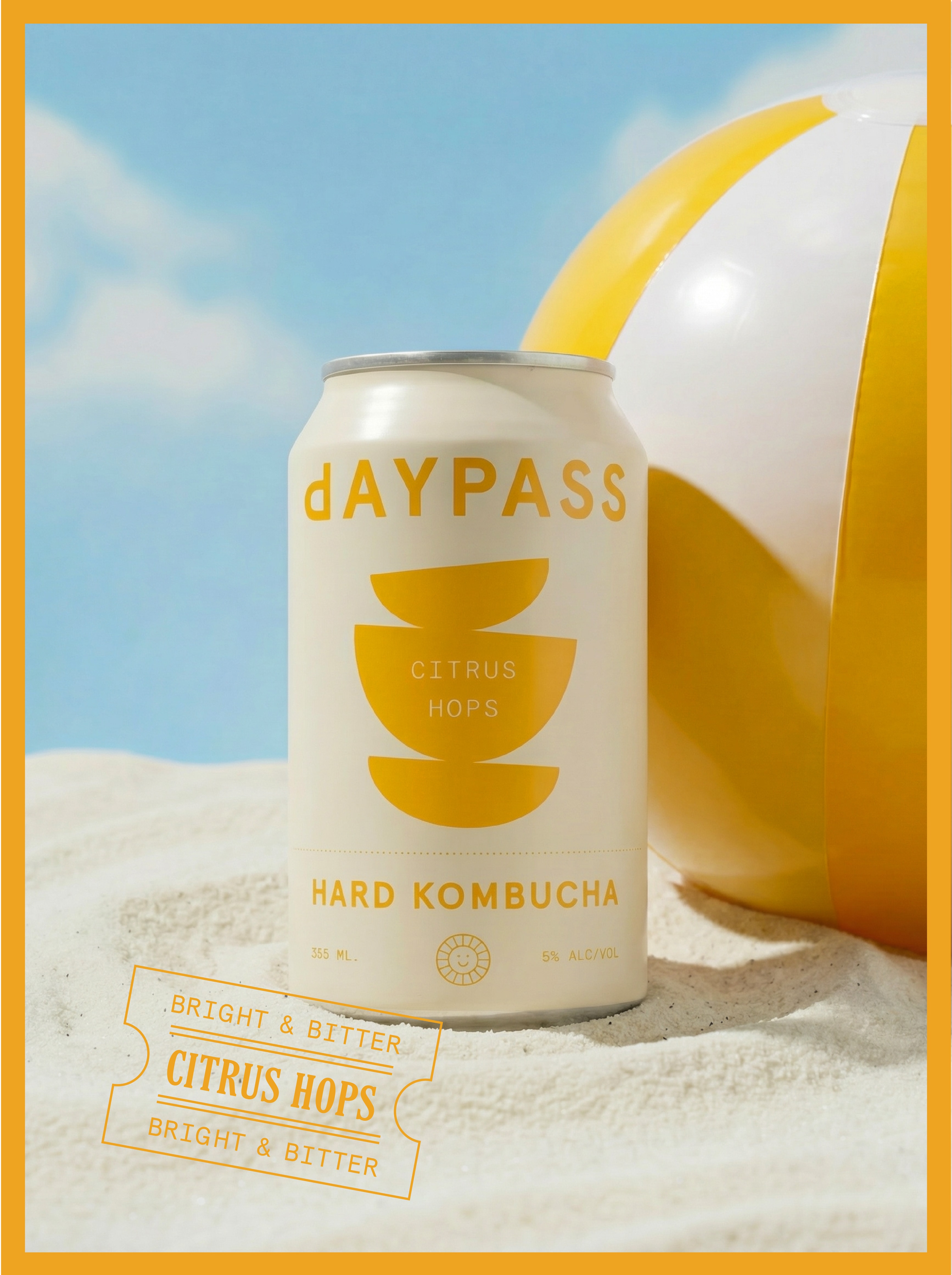 Daypass Citrus Hops can with a colorful inflatable beach ball
