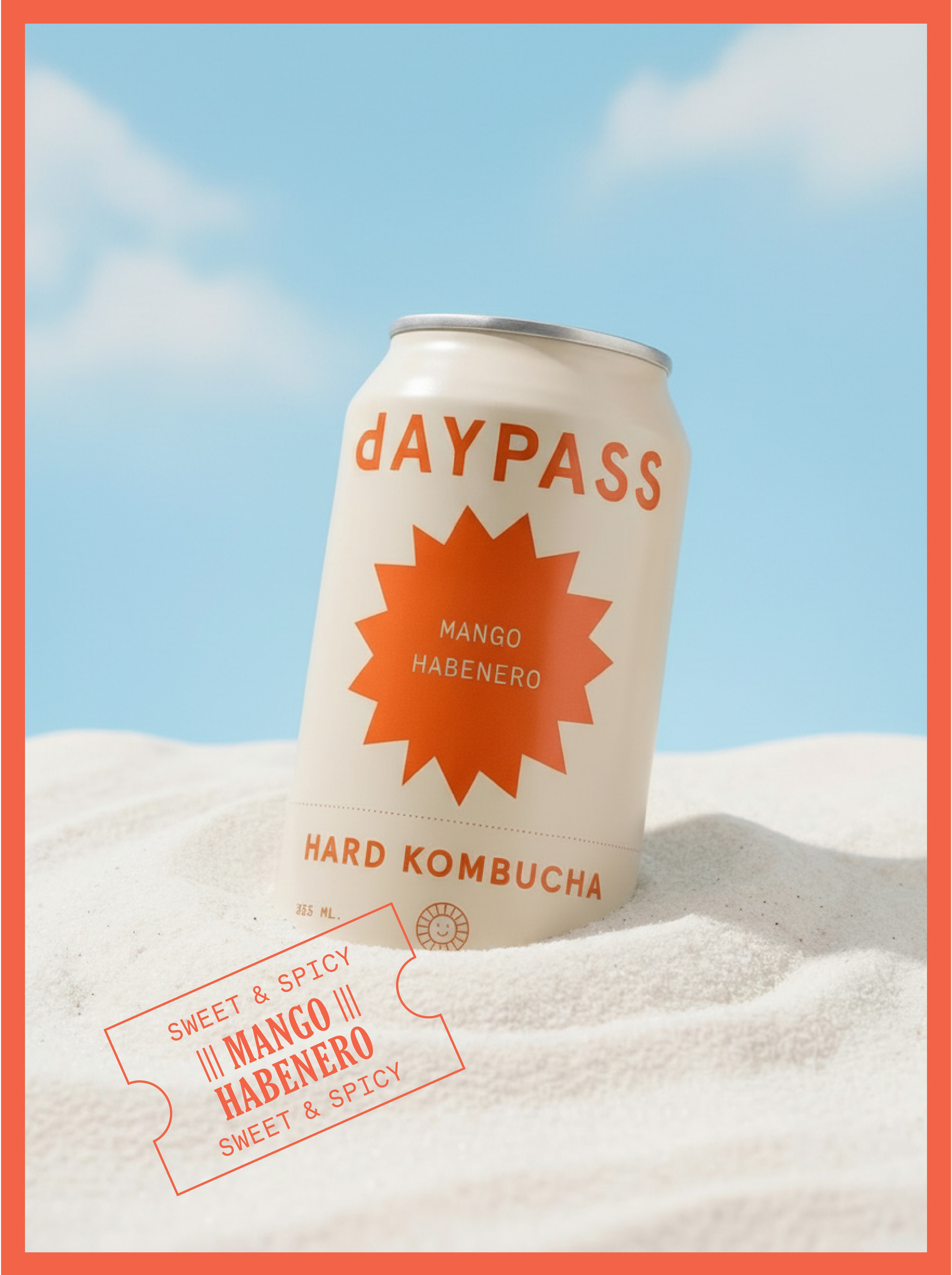 Daypass Mango Habanero can partially buried in sand with ticket graphic overlay