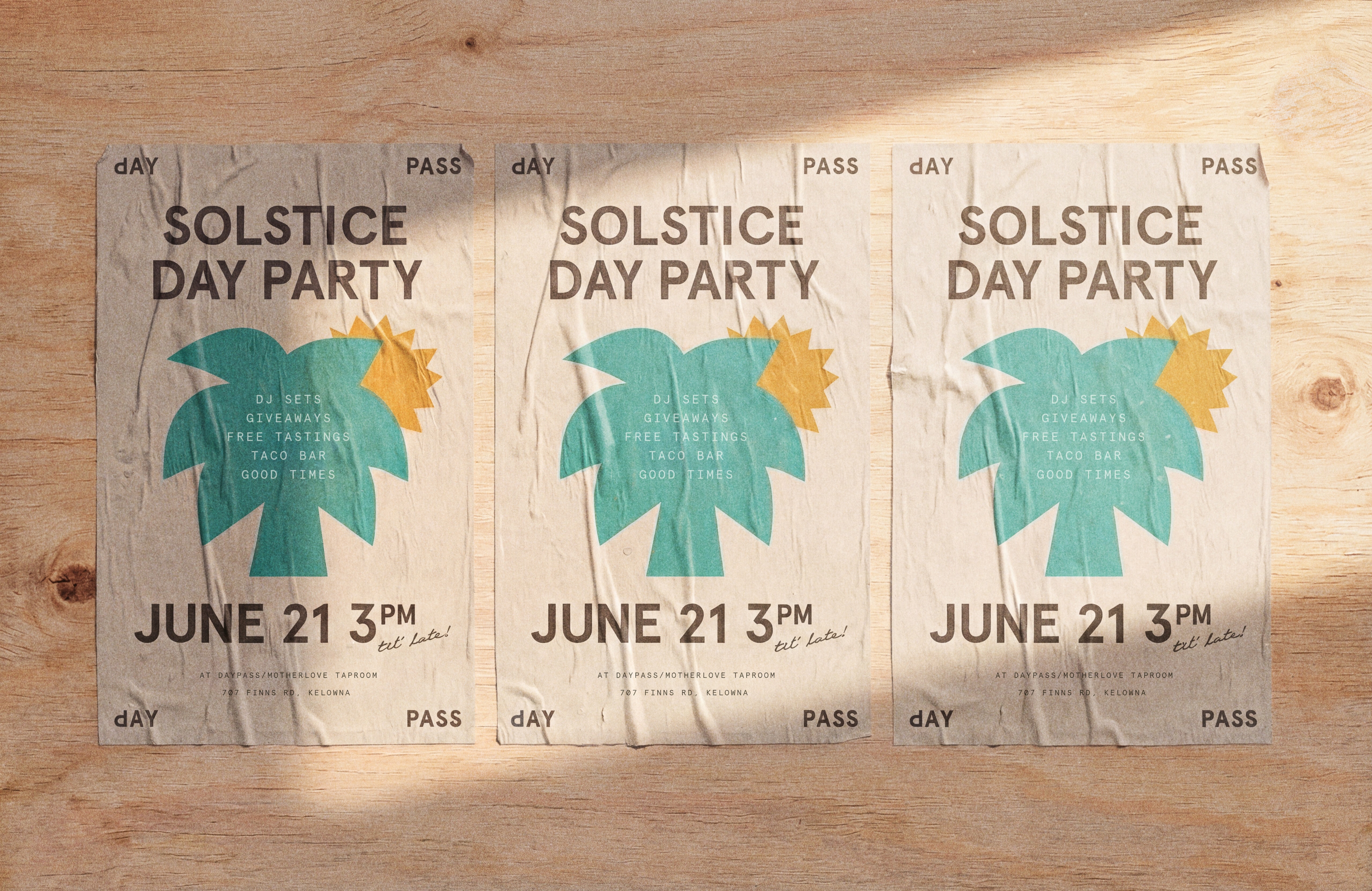 Wheat paste event poster for Daypass Solstice Day Party on a wall