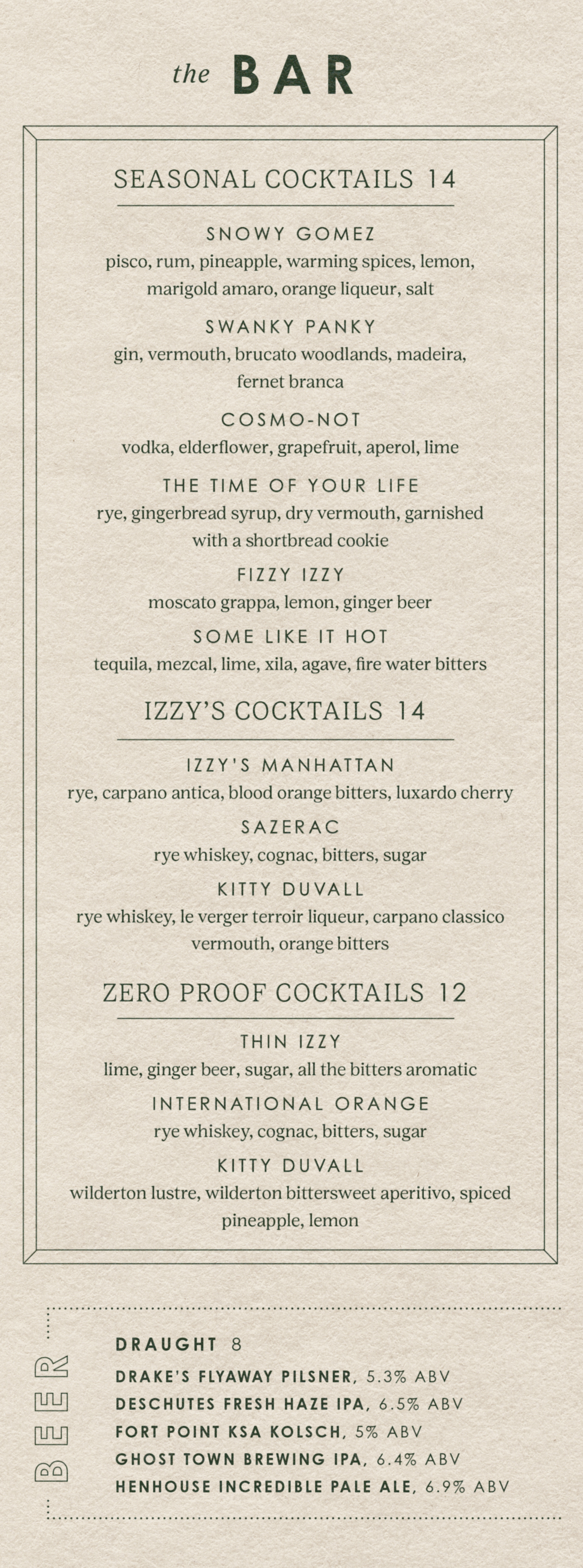Izzy's bar menu — The Bar — listing Seasonal Cocktails, Izzy's Cocktails, Zero Proof Cocktails, and Beer
