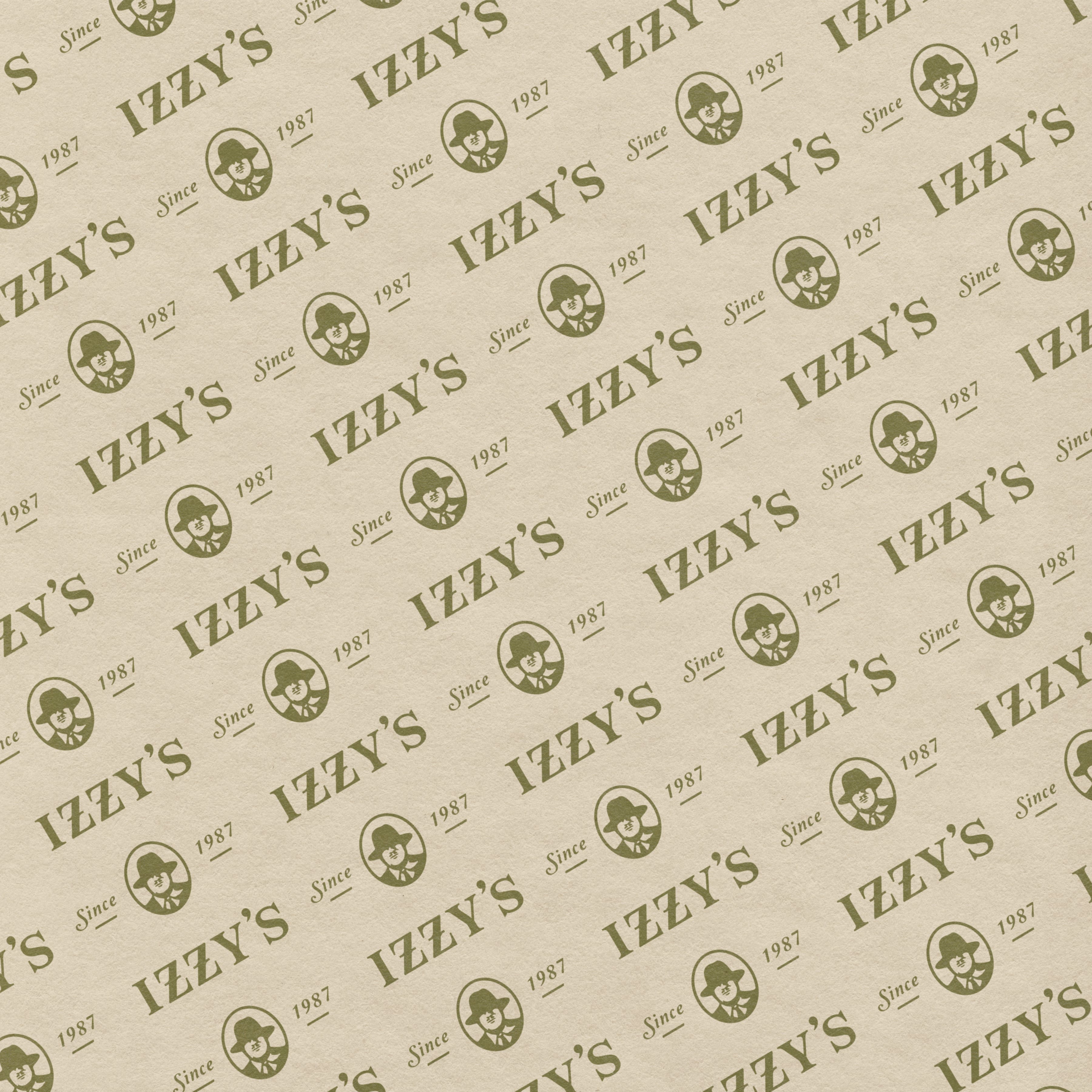 Diagonal repeat pattern of the Izzy's wordmark and portrait icon in olive green on tan