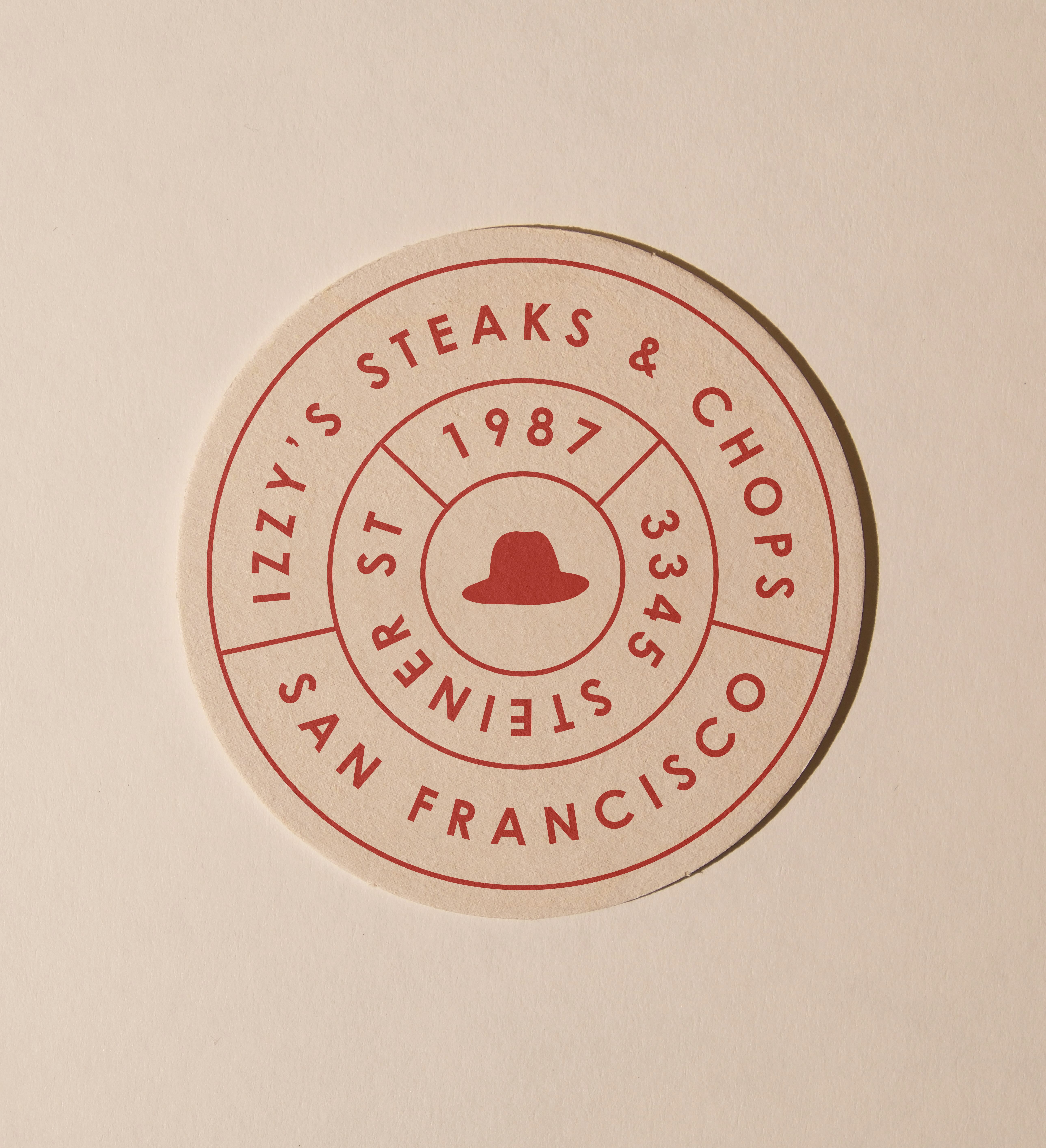 Round Izzy's Steaks & Chops coaster with circular logo — hat icon, '1987', and Steiner St address in red