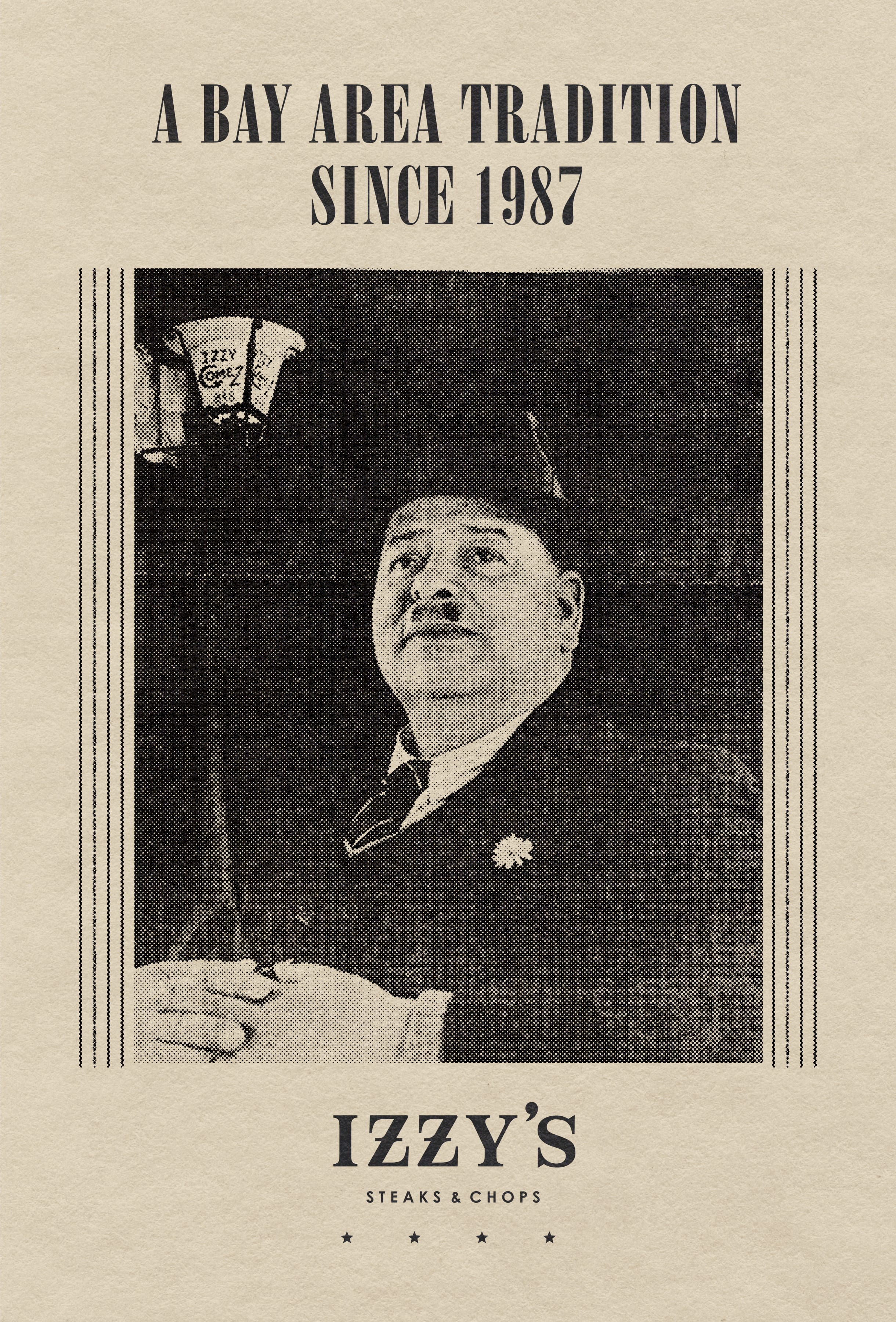 Izzy's Steaks & Chops newspaper-style promo card — 'A Bay Area Tradition Since 1987' with vintage photo of Izzy