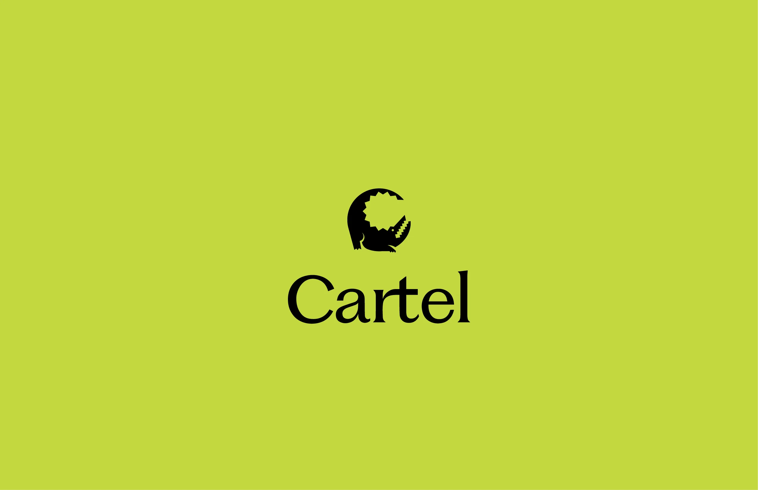 Cartel logo on chartreuse green background — alligator mark above 'Cartel' wordmark in black
