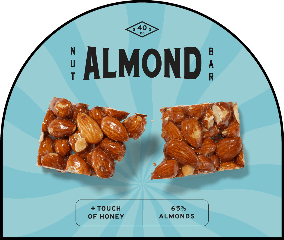 South 40 Snack Co. Almond Nut Bar product graphic — two bar pieces on blue arched background, 65% almonds with touch of honey