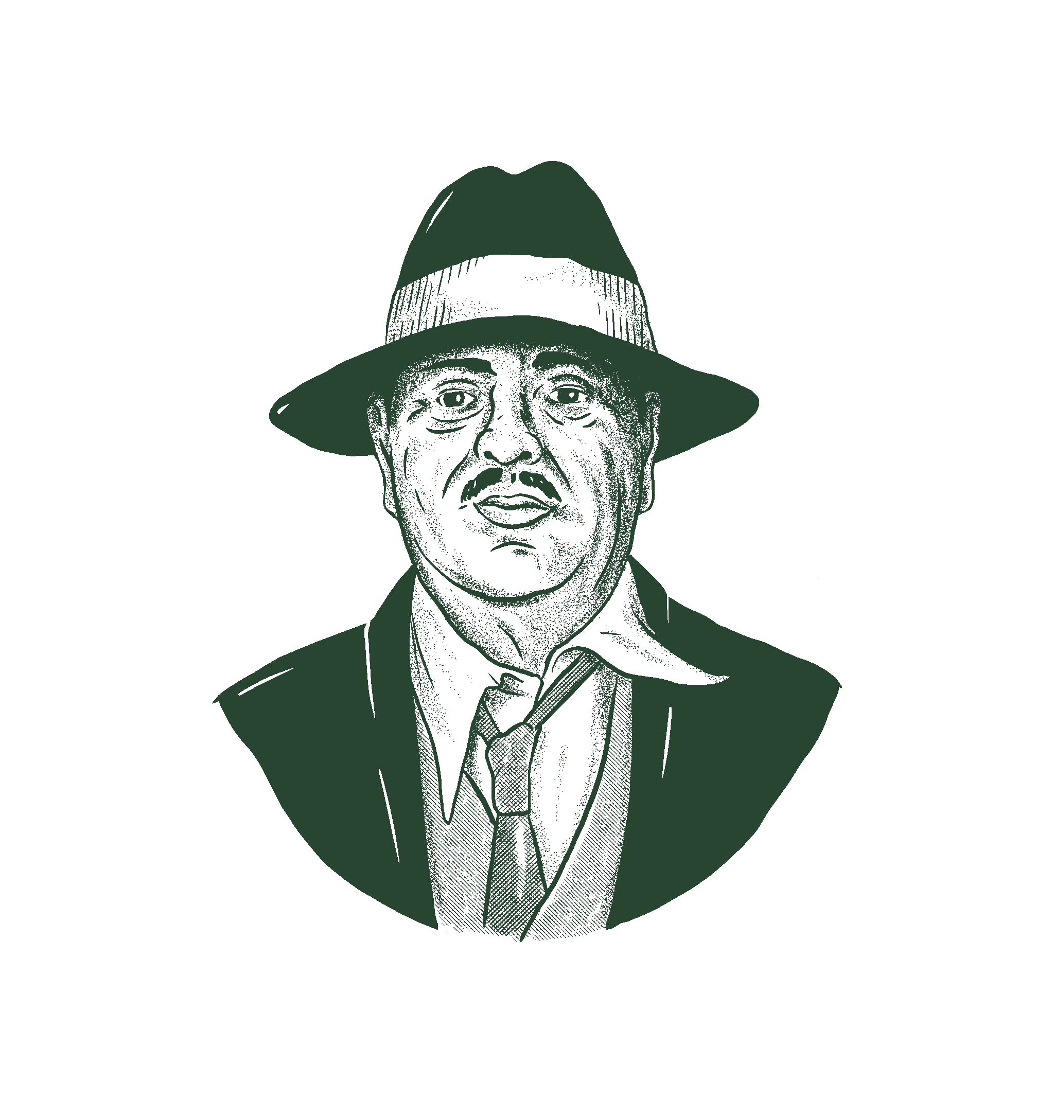 Detailed illustrated portrait of Izzy in a fedora and suit — the Izzy's brand mascot in green on white