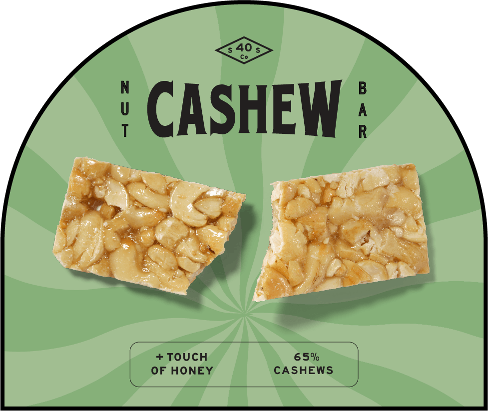 South 40 Snack Co. Cashew Nut Bar product graphic — two bar pieces on green arched background, 65% cashews with touch of honey