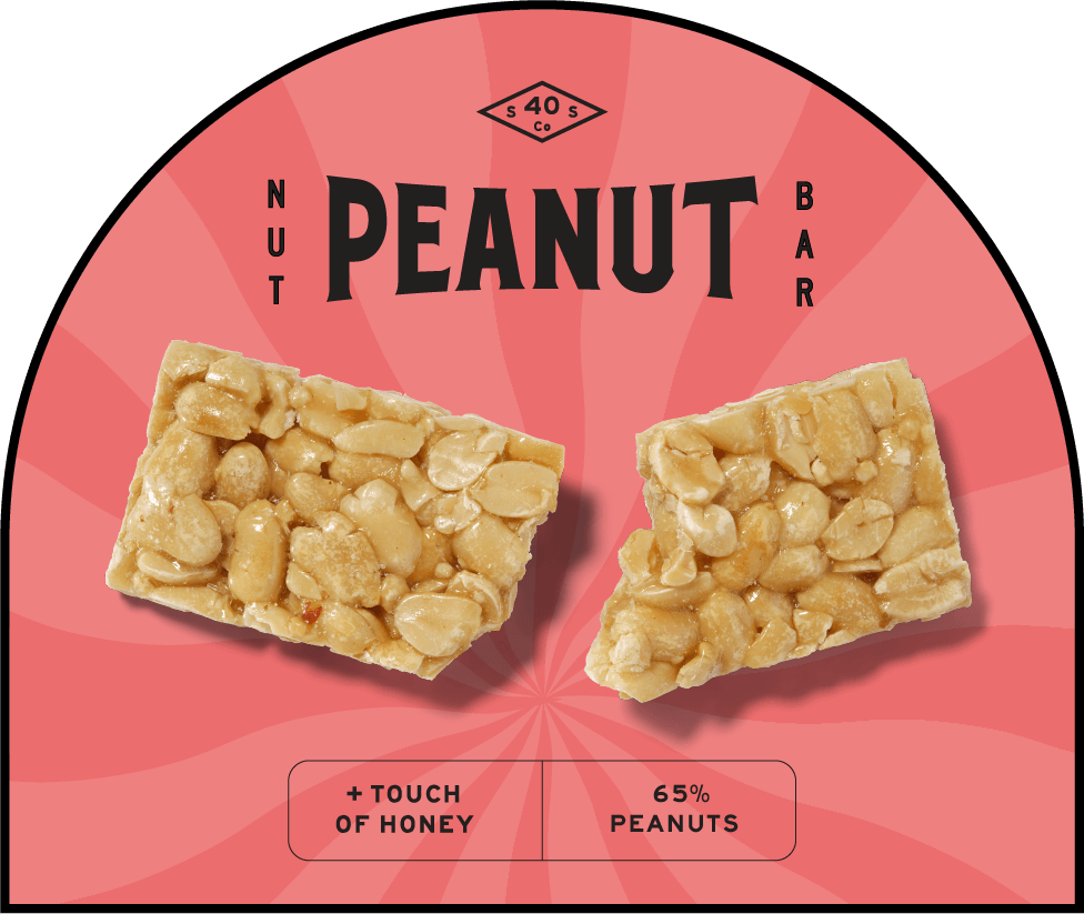 South 40 Snack Co. Peanut Nut Bar product graphic — two bar pieces on coral arched background, 65% peanuts with touch of honey