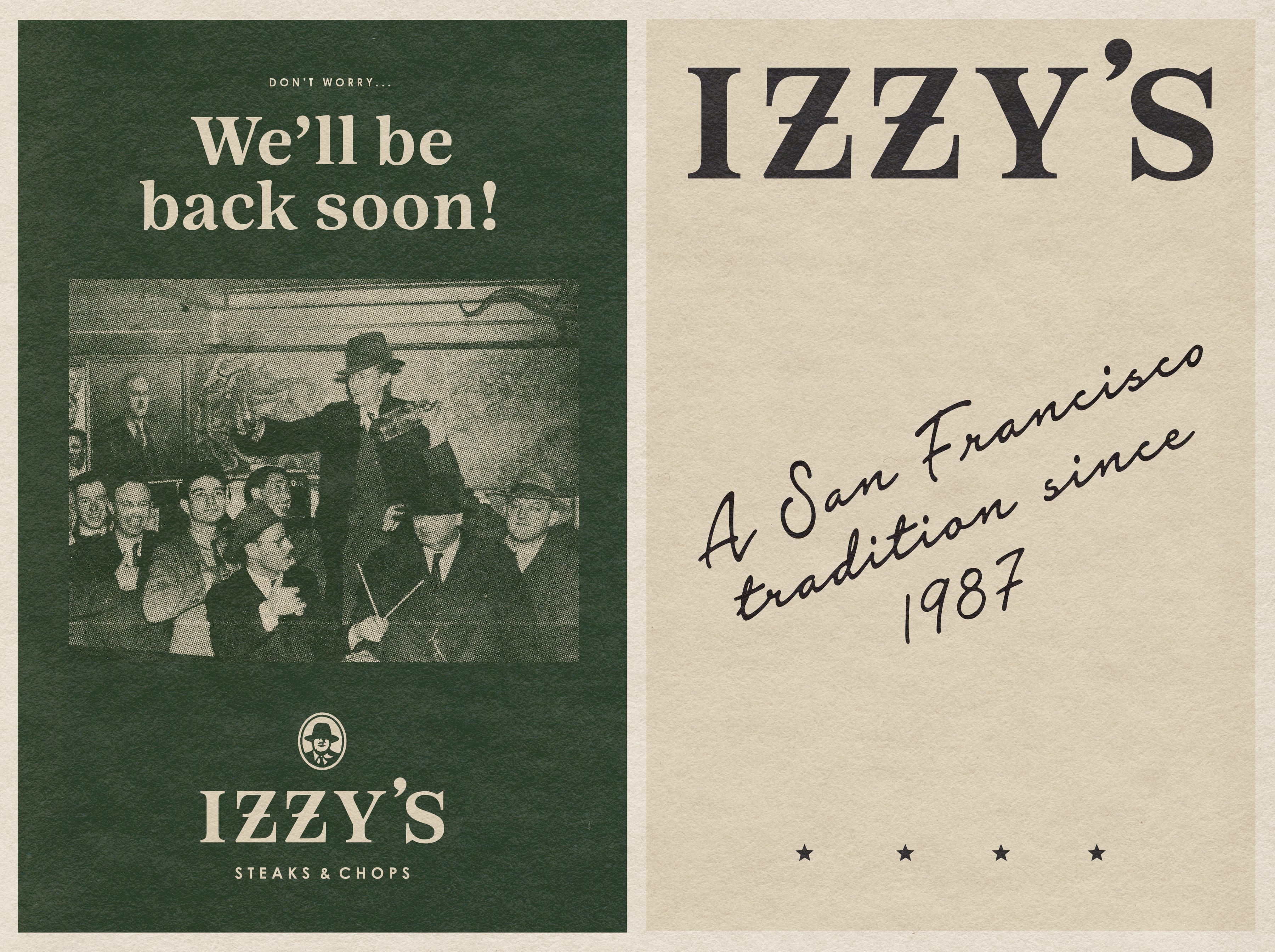 Two-panel Izzy's announcement: 'We'll be back soon!' with vintage photo on green, and 'A San Francisco tradition since 1987' on cream