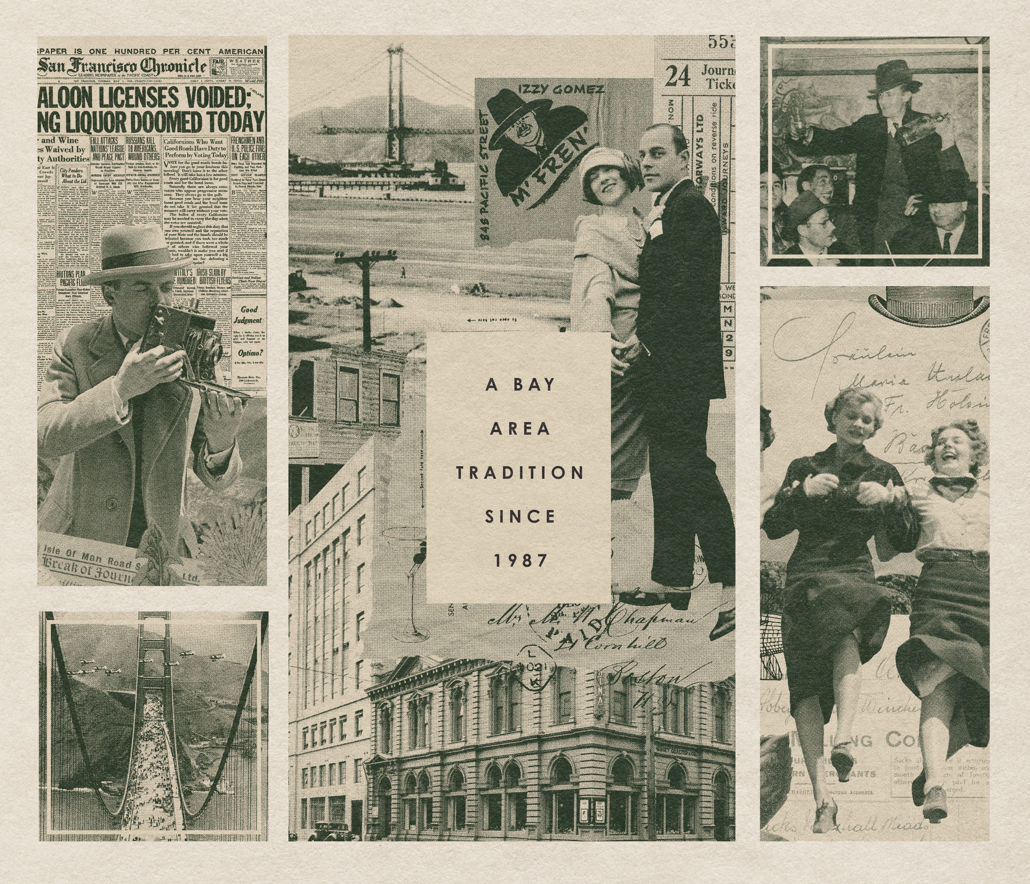Collage of vintage San Francisco imagery and Izzy's branding — newspaper clippings, Bay Area photos, and mid-century ephemera