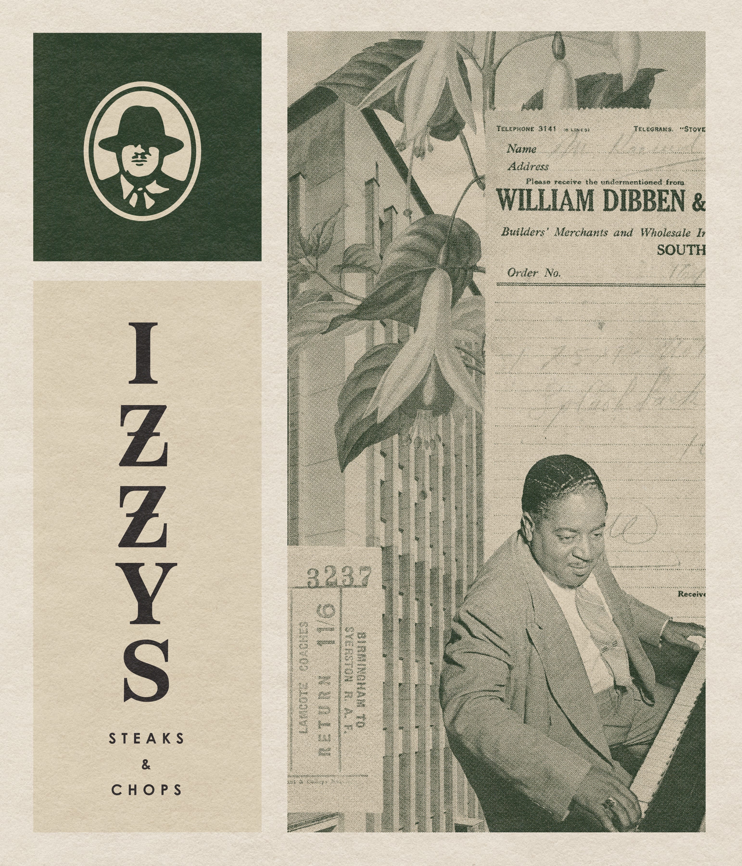 Izzy's brand collage — logo and 'Steaks & Chops' wordmark stacked, with vintage newspaper and ephemera imagery