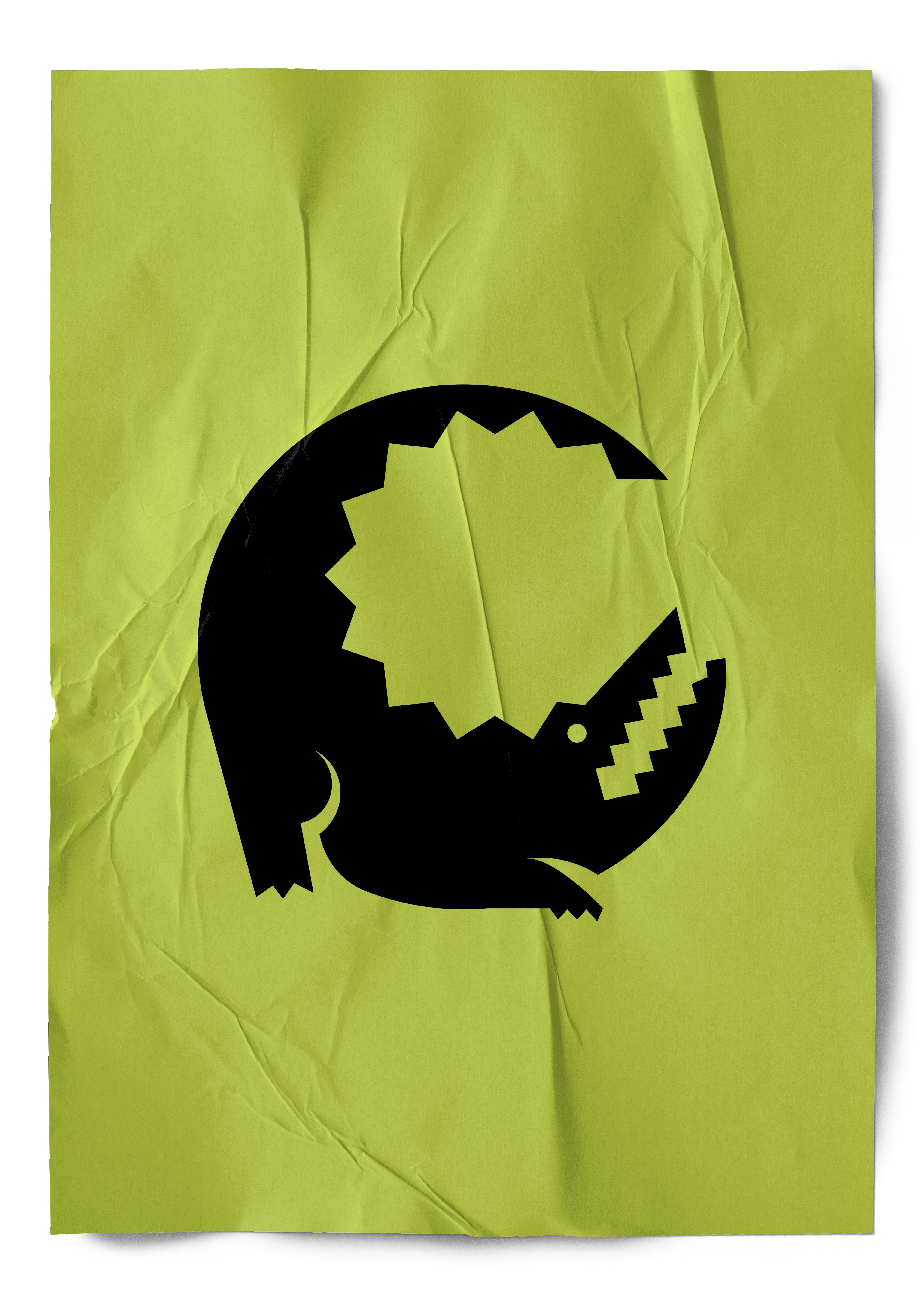 Cartel alligator mark poster — bold black geometric crocodile icon on crumpled chartreuse green paper