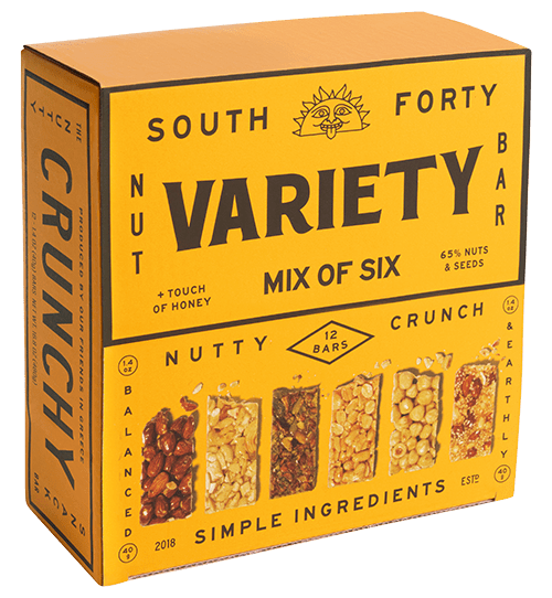 South Forty Variety Nut Bar Mix of Six box in yellow-orange — 12 bars, 65% nuts and seeds, Nutty Crunch, simple ingredients