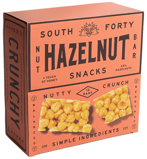 South Forty Hazelnut Nut Bar box in orange terracotta — 12 bars, 65% hazelnuts, Nutty Crunch, simple ingredients