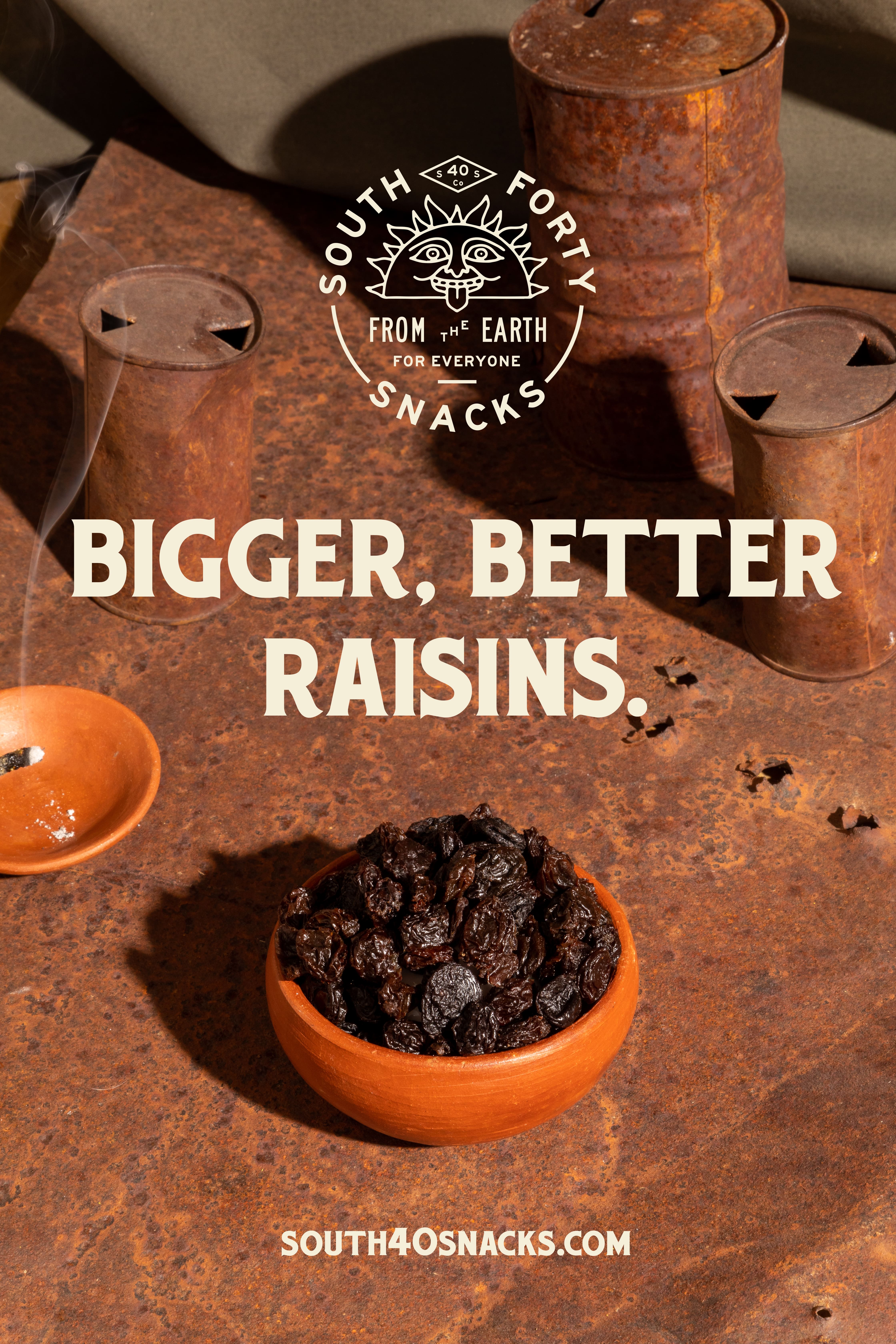 South Forty raisin ad — 'Bigger, Better Raisins' with bowl of raisins on rustic surface and south40snacks.com URL