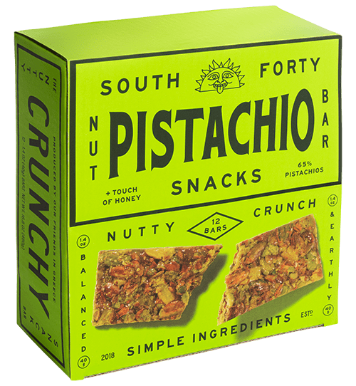 South Forty Pistachio Nut Bar box in lime green — 12 bars, 65% pistachios, Nutty Crunch, simple ingredients