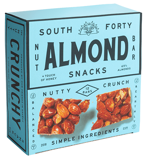 South Forty Almond Nut Bar box in light blue — 12 bars, 65% almonds, Nutty Crunch, simple ingredients