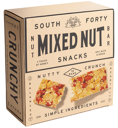 South Forty Mixed Nut Bar box in kraft cream — 12 bars, 65% nuts and seeds, Nutty Crunch, simple ingredients, Estd 2018