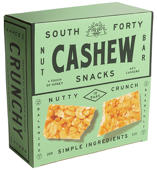 South Forty Cashew Nut Bar box in sage green — 12 bars, 65% cashews, Nutty Crunch, simple ingredients
