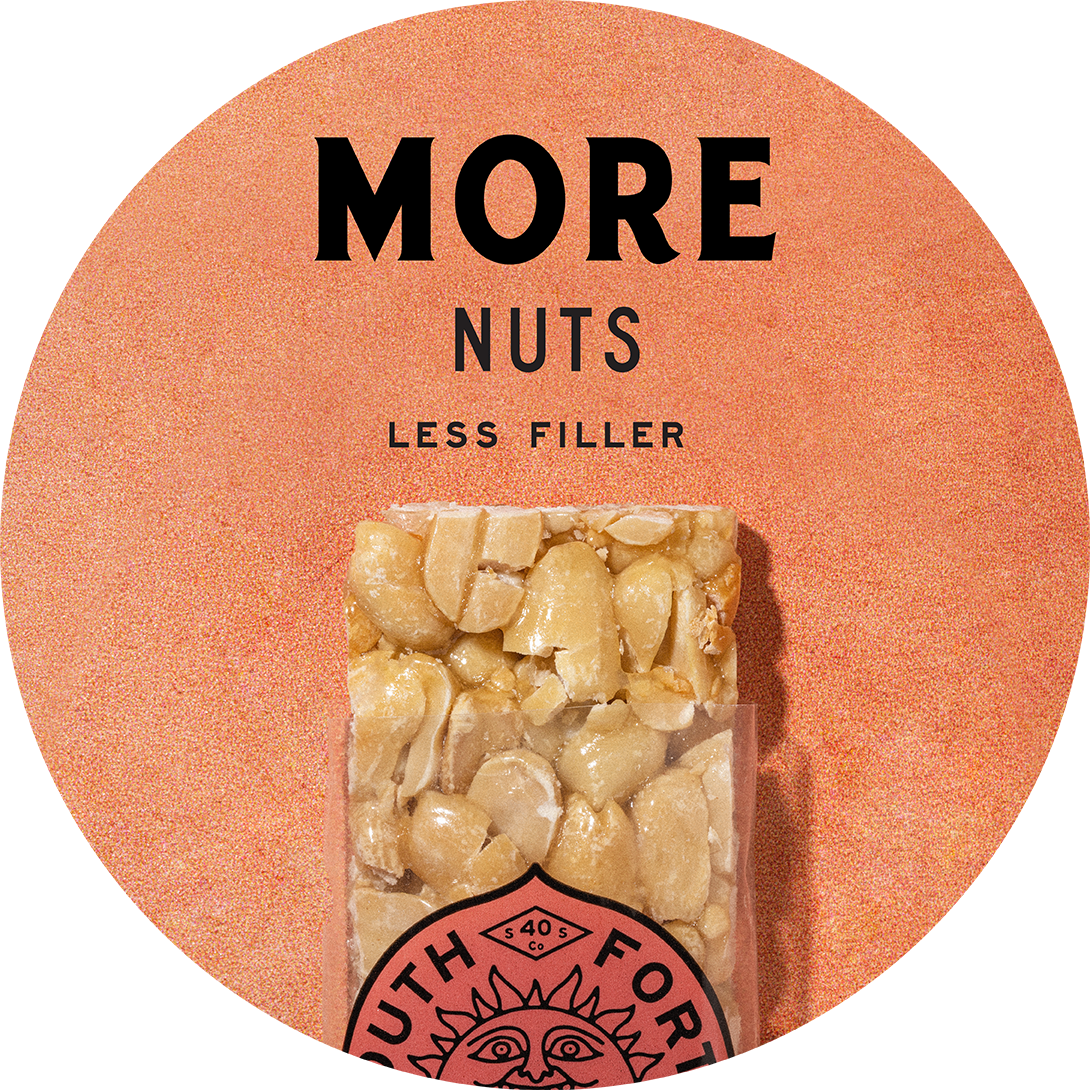 South Forty nut bar on coral circle background — 'More Nuts, Less Filler' tagline