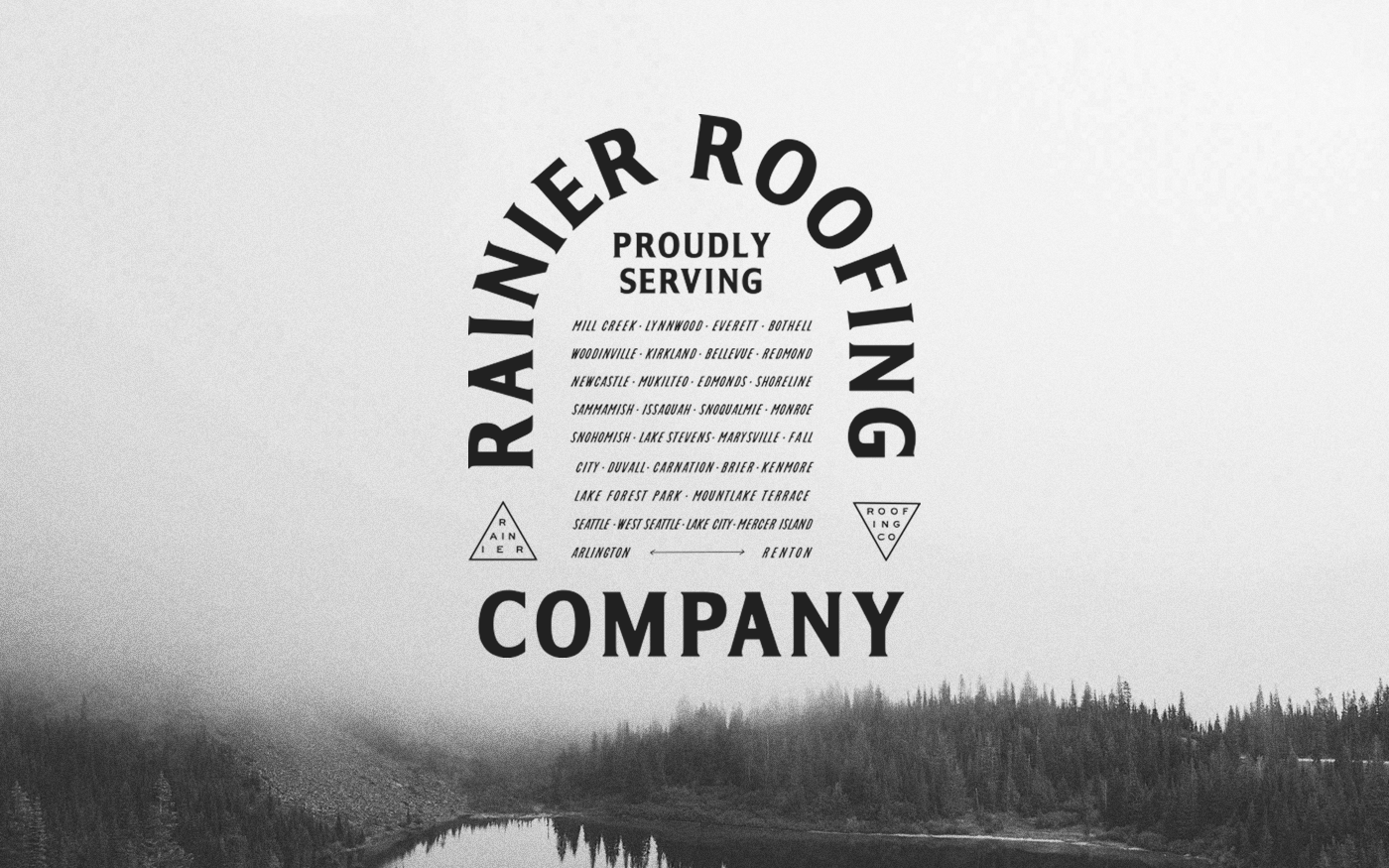 Rainier Roofing Company wordmark crest — arched type over misty Pacific Northwest forest and mountains
