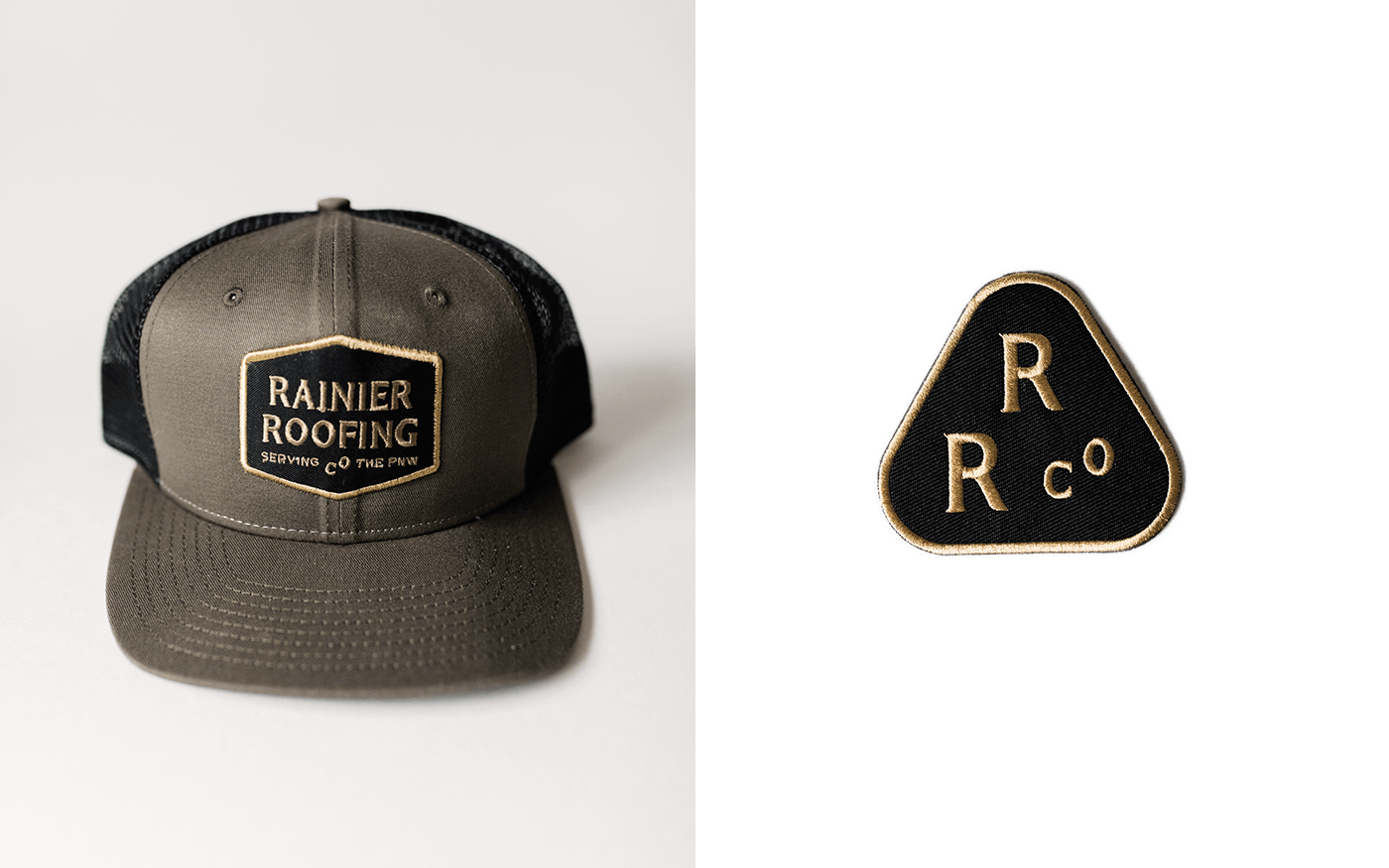 Rainier Roofing olive trucker hat and black enamel R/R Co. logo pin side by side on white