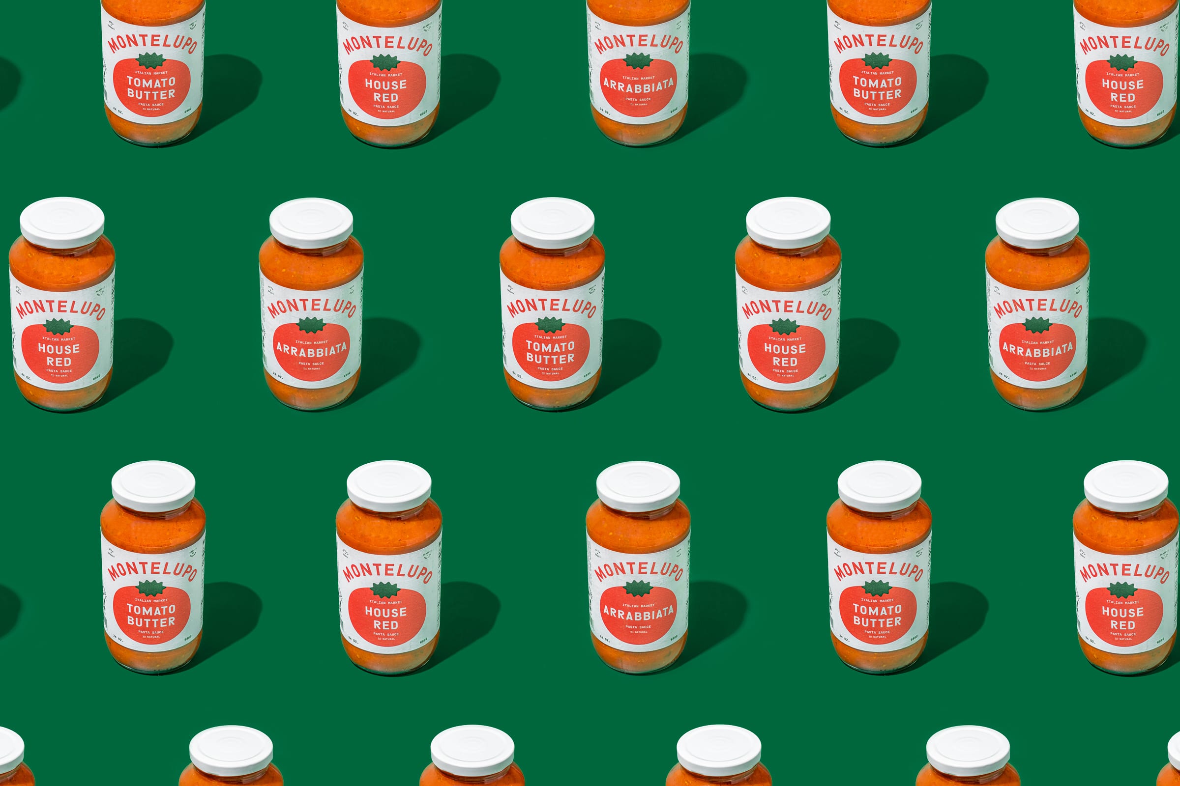 Repeat pattern of Montelupo sauce jars — House Red, Tomato Butter, and Arrabbiata on green background