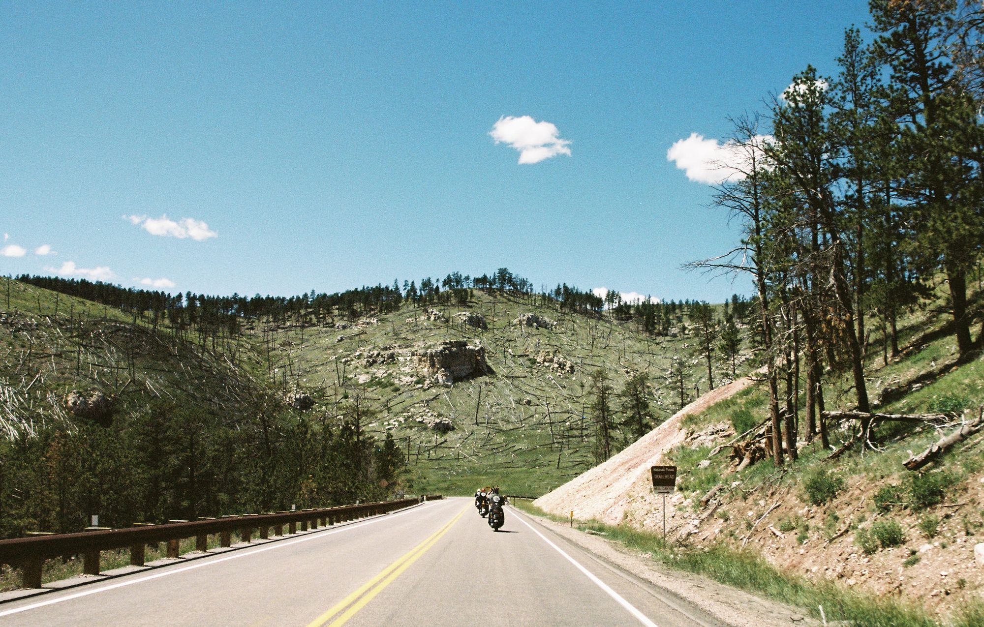Film photo of a motorcyclist riding through a pine-covered mountain highway under blue sky
