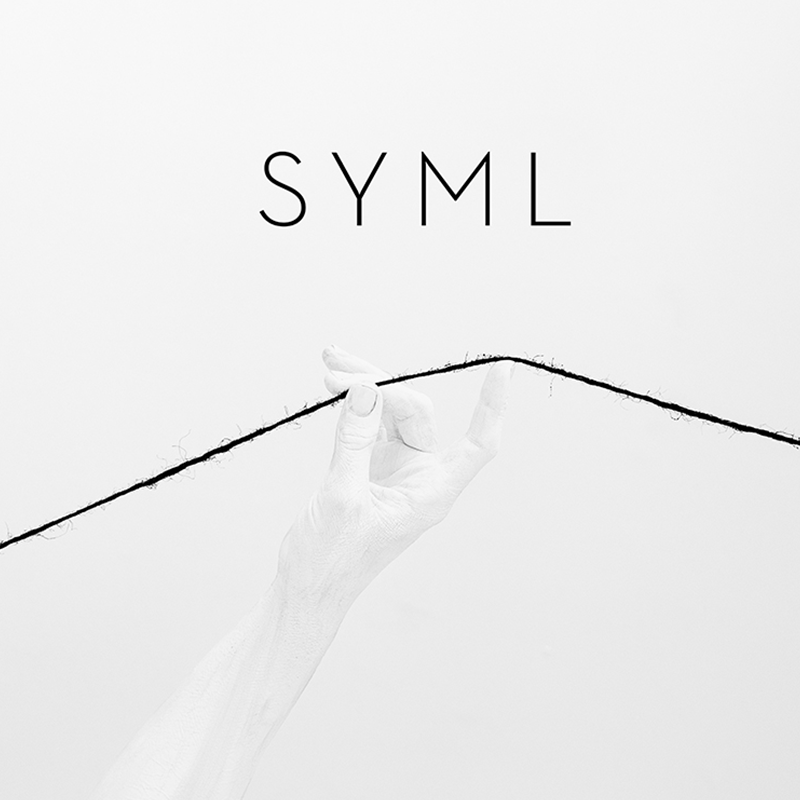 SYML album cover with a white hand pinching a taut black line angling upward on a white background with SYML text at top
