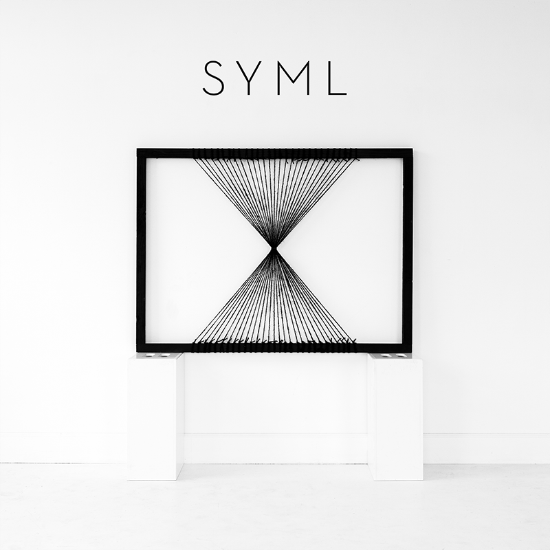 SYML album cover with framed string art sculpture on a white gallery pedestal — hourglass pattern of radiating black strings with SYML text above