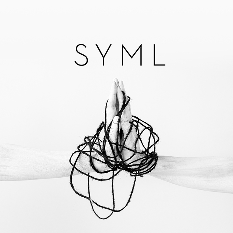 SYML album cover with two clasped hands wrapped in tangled black string extending as arms across a white background with SYML text at top