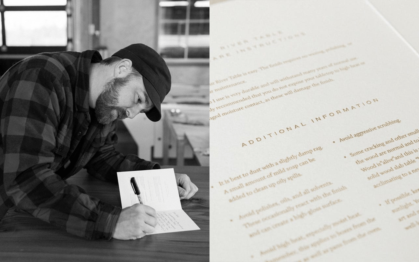 Split image — sculptor signing a certificate of authenticity at a table beside a close-up of the certificate document