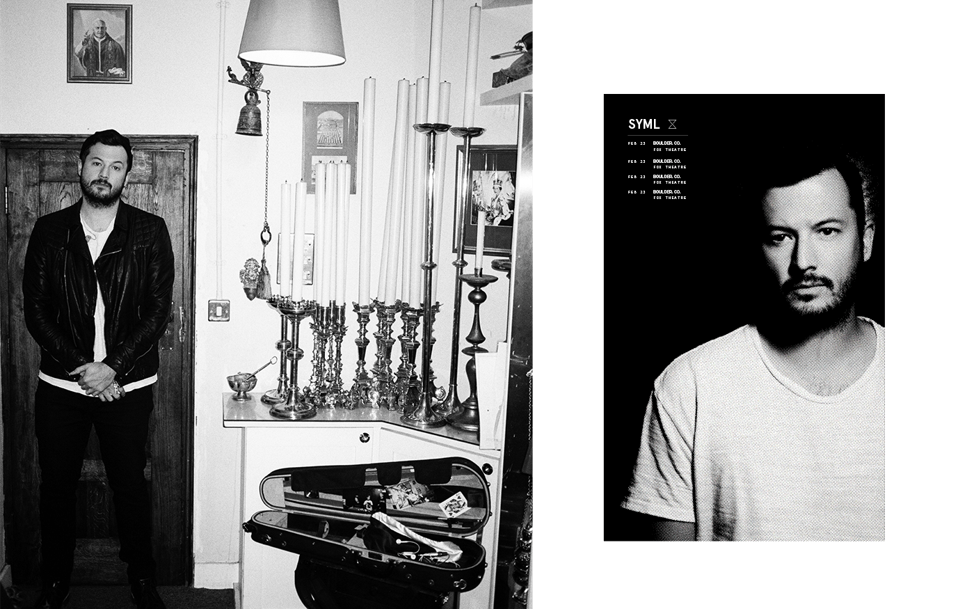 Black and white split — SYML artist standing by ornate vintage furniture in a dim room beside a close-up portrait with SYML tour date poster layout