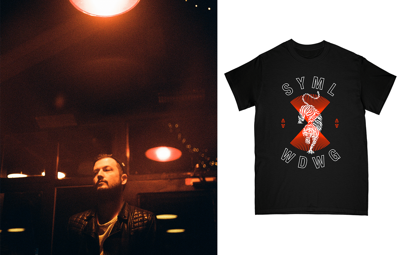 Moody portrait of SYML artist in a dimly lit venue beside a black t-shirt with SYML WDWG red and white graphic design