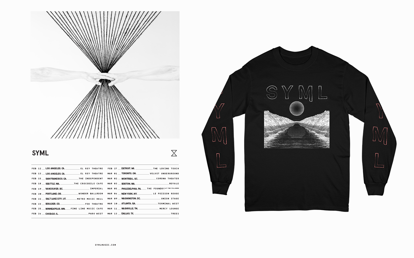 SYML white tour poster with radiating line art and tour dates beside a black long-sleeve shirt with landscape graphic and SYML text on sleeves