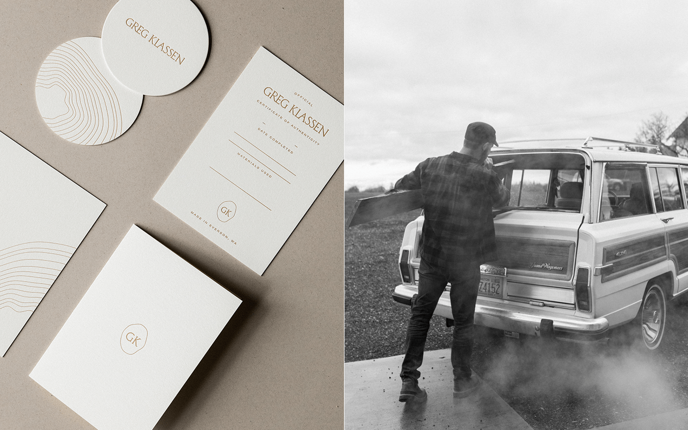 Flat lay of Greg Klassen stationery — card folder, round coasters, and brochure beside a black and white photo of a man loading a vintage Jeep Wagoneer