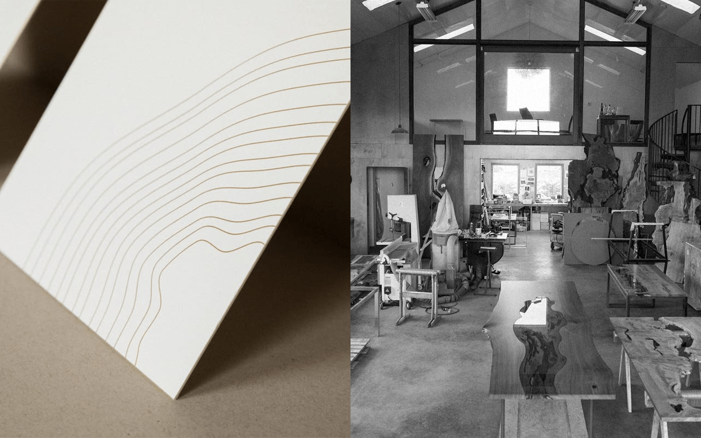 Close-up of a cream card with delicate arc line art beside a black and white photo of sculptor's open-plan workshop with wood sculptures