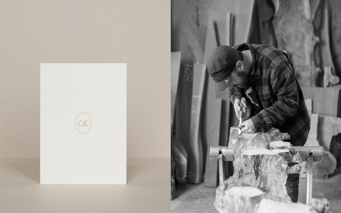 White card portfolio folder with GK oval gold emblem beside a black and white photo of sculptor bent over carving a large wood piece