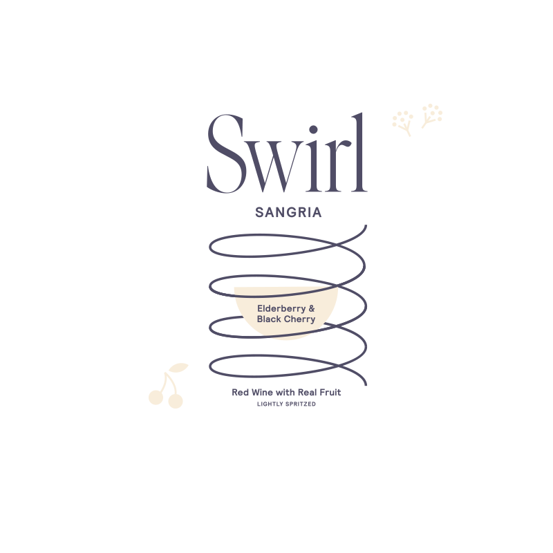 Swirl Sangria Elderberry and Black Cherry label graphic — cream background with muted navy swirl and cherry illustration