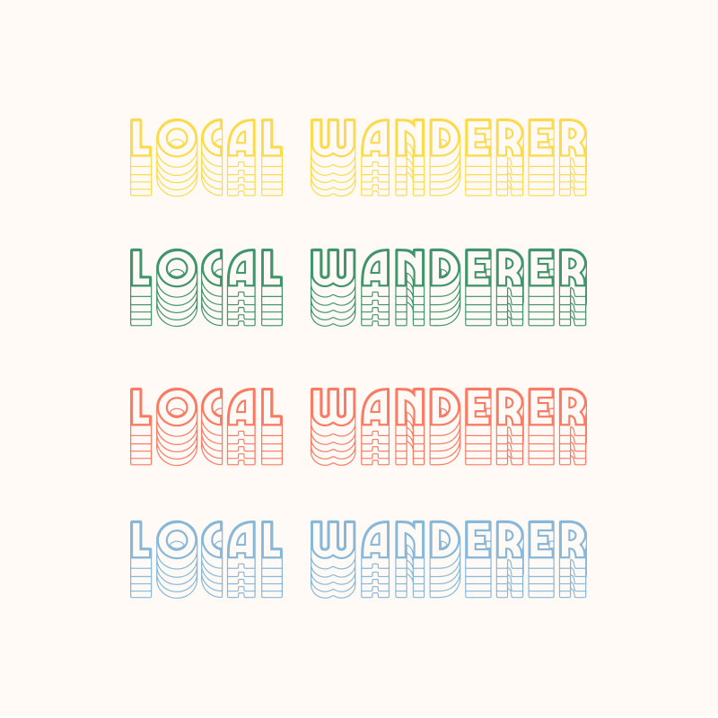 Local Wanderer logo with local in red cursive script above yellow retro block WANDERER letters on a pink background with sparkle accents