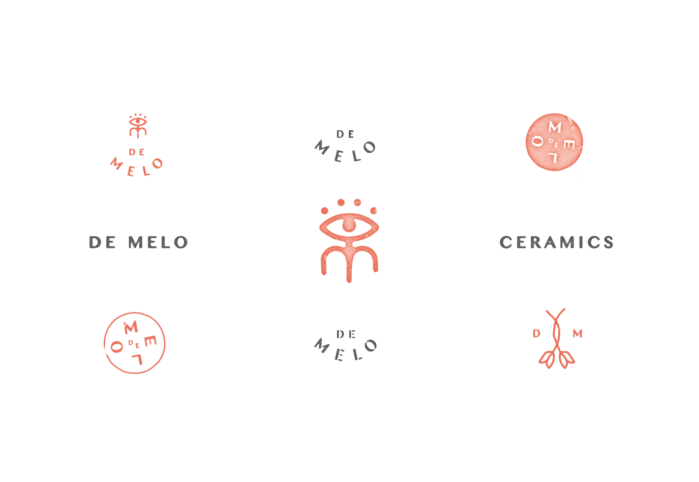 Brand identity sheet with eight De Melo Ceramics logo variations in terracotta — eye and figure icon, stacked lettering, circular stamp, wordmark, and floral monogram