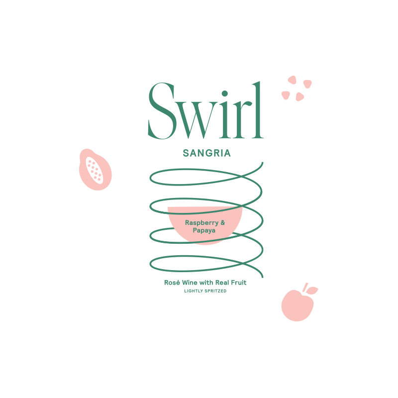 Swirl Sangria Raspberry and Papaya label graphic — pink background with dark green swirl and papaya and raspberry illustration