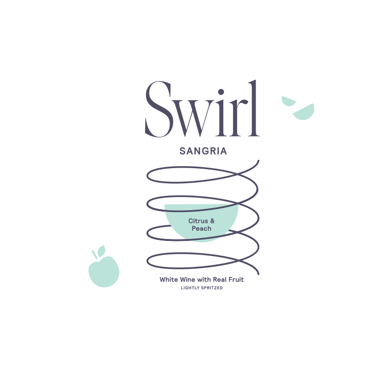 Swirl Sangria Citrus and Peach label graphic — white background with muted blue-green swirl and fruit illustration