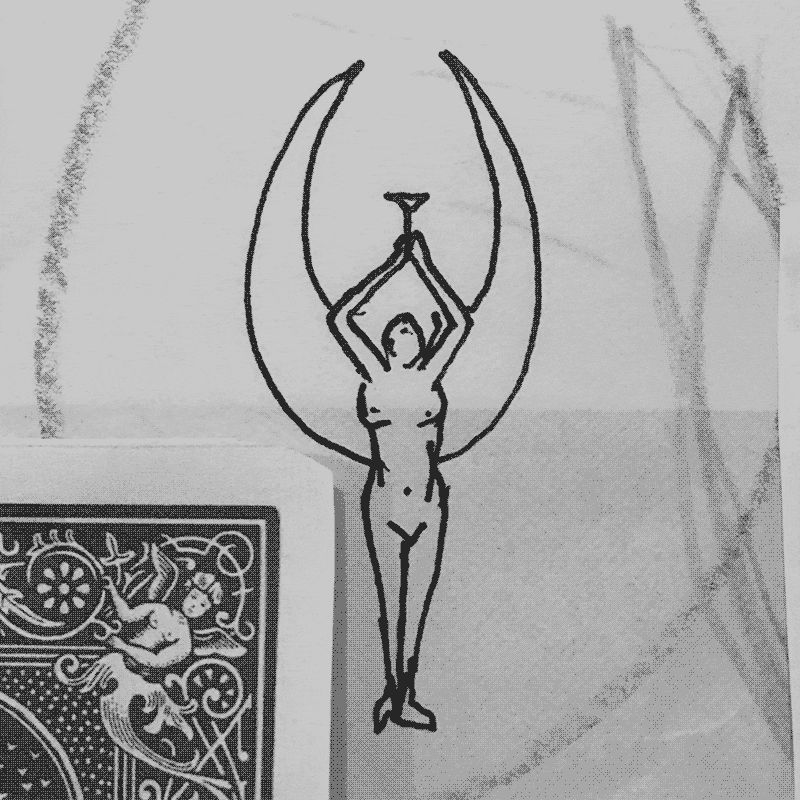 Animated sketch drawing of The Public House winged goddess figure forming over a vintage collage background