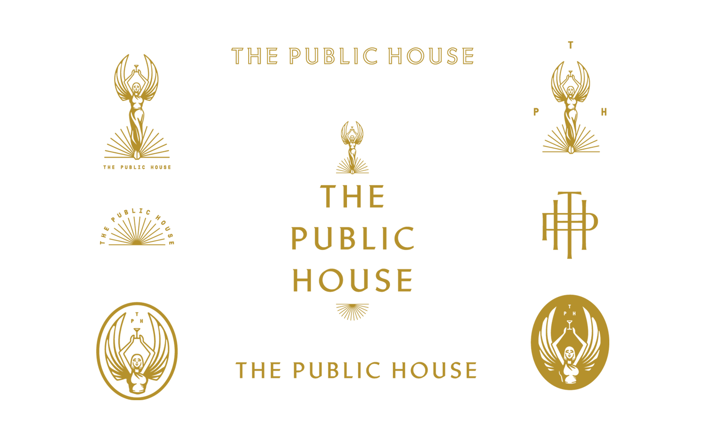 The Public House full brand logo sheet showing all variations — winged goddess figure, wordmarks, oval seal, and monogram in gold