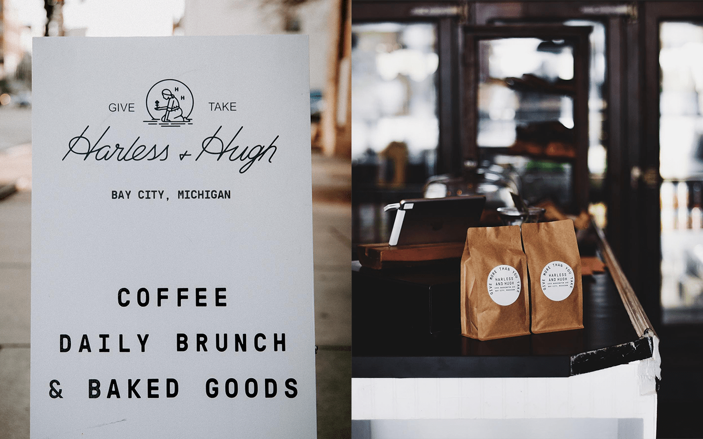Harless and Hugh coffee shop outdoor sign reading Coffee, Daily Brunch and Baked Goods with logo and coffee bags on the counter