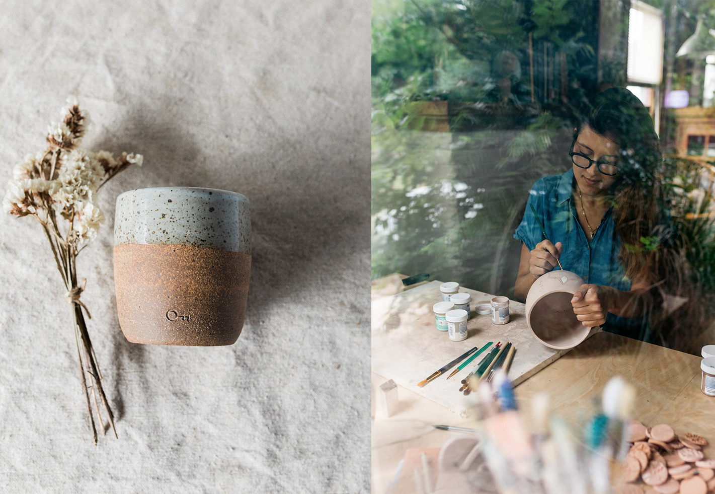 Split image — De Melo speckled ceramic cup beside dried flowers on linen; ceramic artist painting a cup at a workshop table