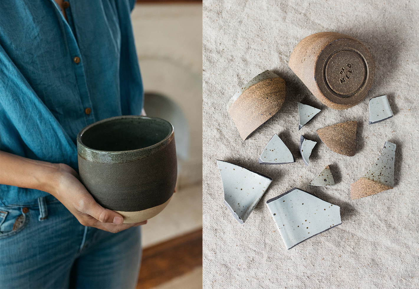 Split image — woman in blue shirt holding a dark glazed ceramic cup; broken ceramic shards scattered on linen showing the De Melo stamp on the base